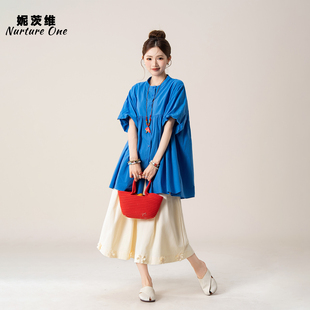 妮茨维【宝蓝清裳】花苞袖衬衫女基础款通勤穿搭花朵七分裤裙套装