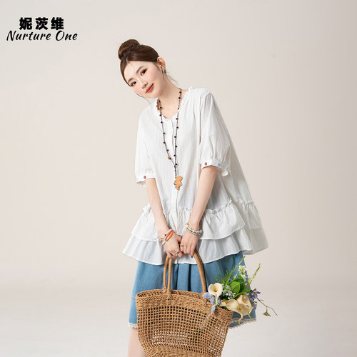 木耳圆领短袖衬衫牛仔短裤套装女