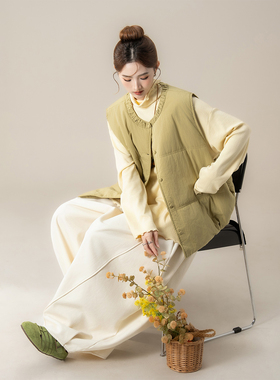 杏黄色宽松夹棉马甲外套女秋冬新款加厚休闲圆领百搭无袖棉服上衣