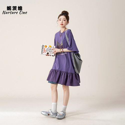 荷叶花边下摆印花短袖T恤上衣女