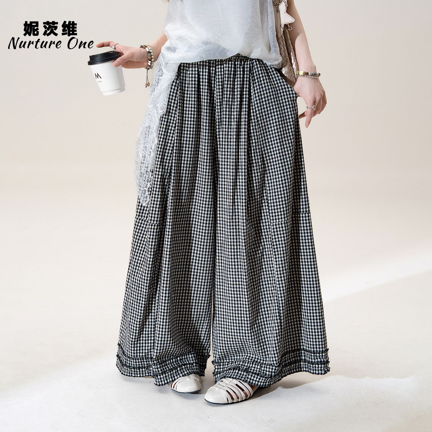 妮茨维【慵懒格调】小清新格子拼接花边阔腿裤女不费力穿搭休闲裤