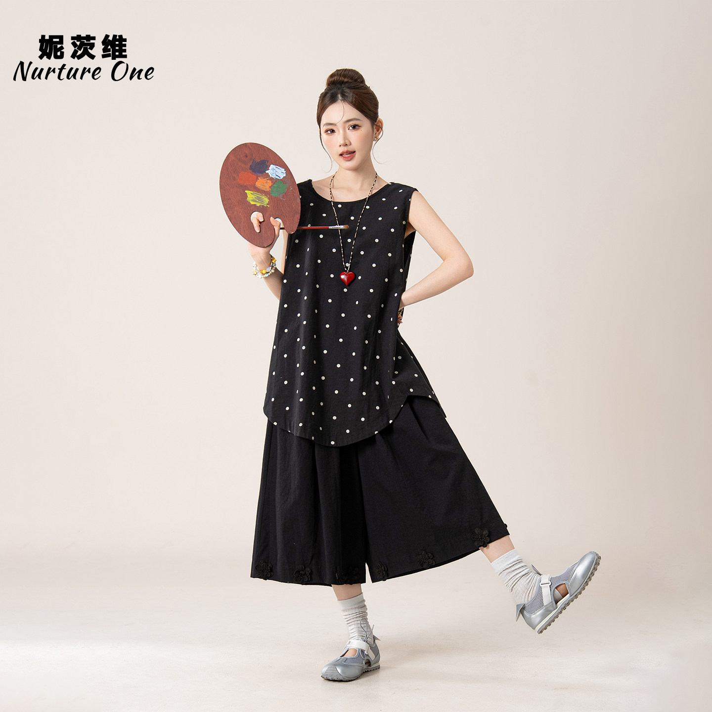 妮茨维【波点森韵】波点亚麻背心裙女不费力穿搭叠穿裤裙两件套装
