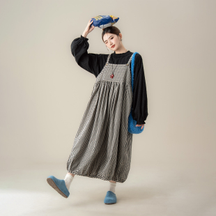 套装 黑色复古格子花苞背带长裙女秋季 衬衫 减龄花边领刺绣长袖 新款