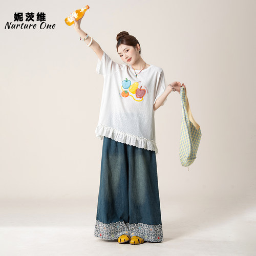 水果印花短袖T恤蕾丝花朵牛仔裤