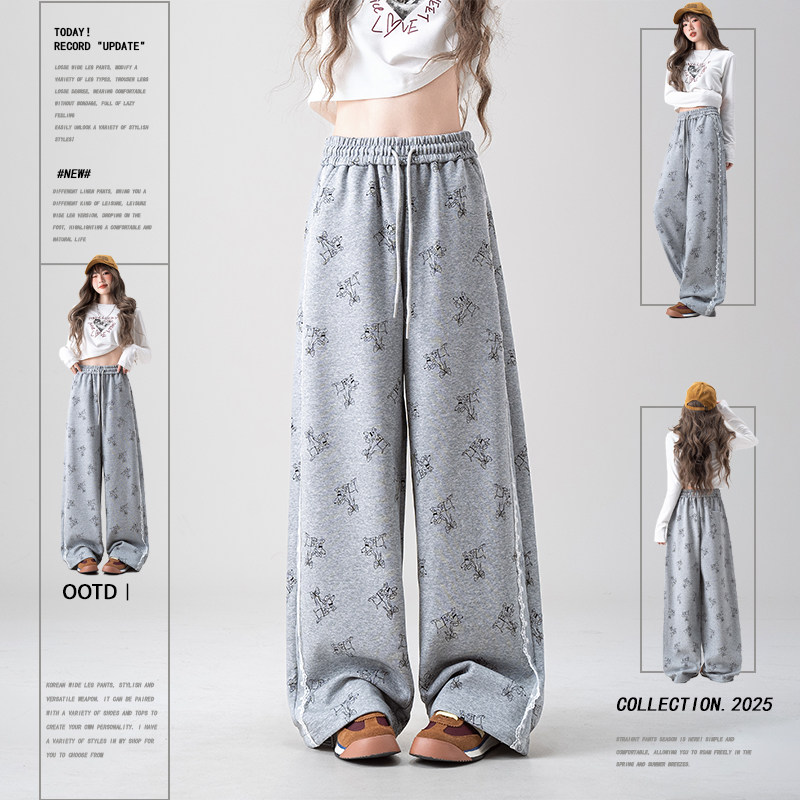Nurtureone春季新款灰色小狗蝴蝶结印花蕾丝花边拼接直筒休闲裤女,女装/女士精品,休闲裤,淘宝优惠券,粉丝福利购,淘宝优惠卷