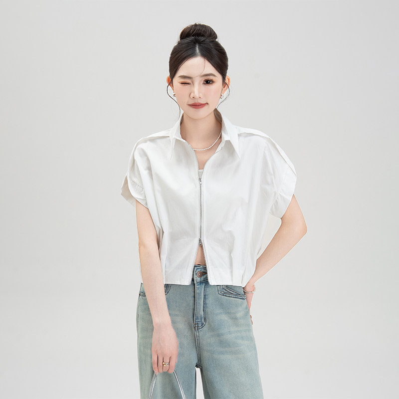 白色双拉链拼接设计感短袖衬衫女图片
