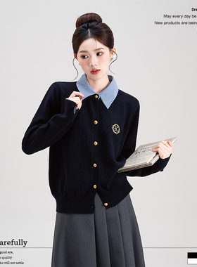 假两件学院风藏蓝色针织开衫女秋装新款单排扣刺绣百搭毛衣短外套