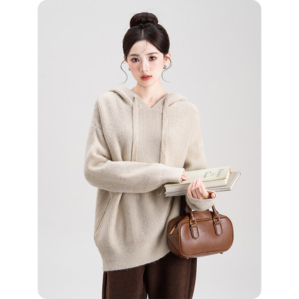 杏色连帽针织衫毛衣女春秋新款小个子慵懒风宽松显瘦外穿帽衫上衣