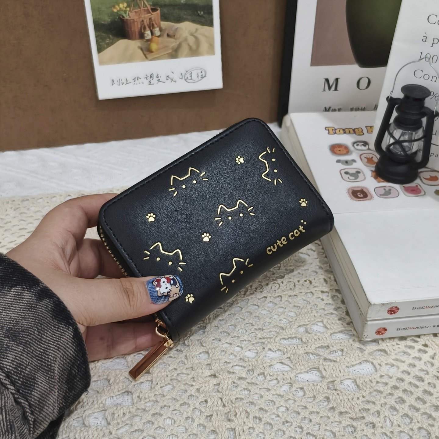可爱猫咪烫金印花小巧卡包女韩版百搭风琴式防消磁信用卡套零钱包