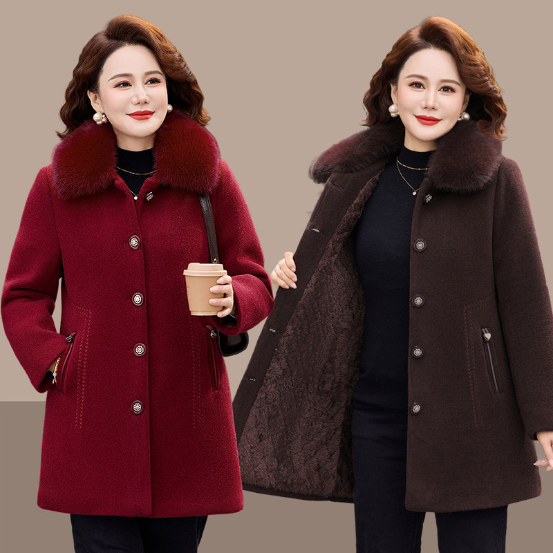 妈妈冬装时尚毛呢外套高贵中老年女装加绒加厚保暖中长款毛领大衣
