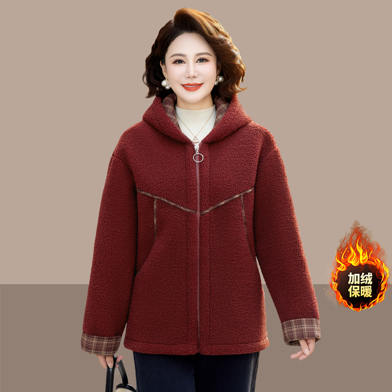 中年妈妈冬装颗粒绒外套加绒加厚连帽拉链羊羔绒上衣保暖洋气棉衣