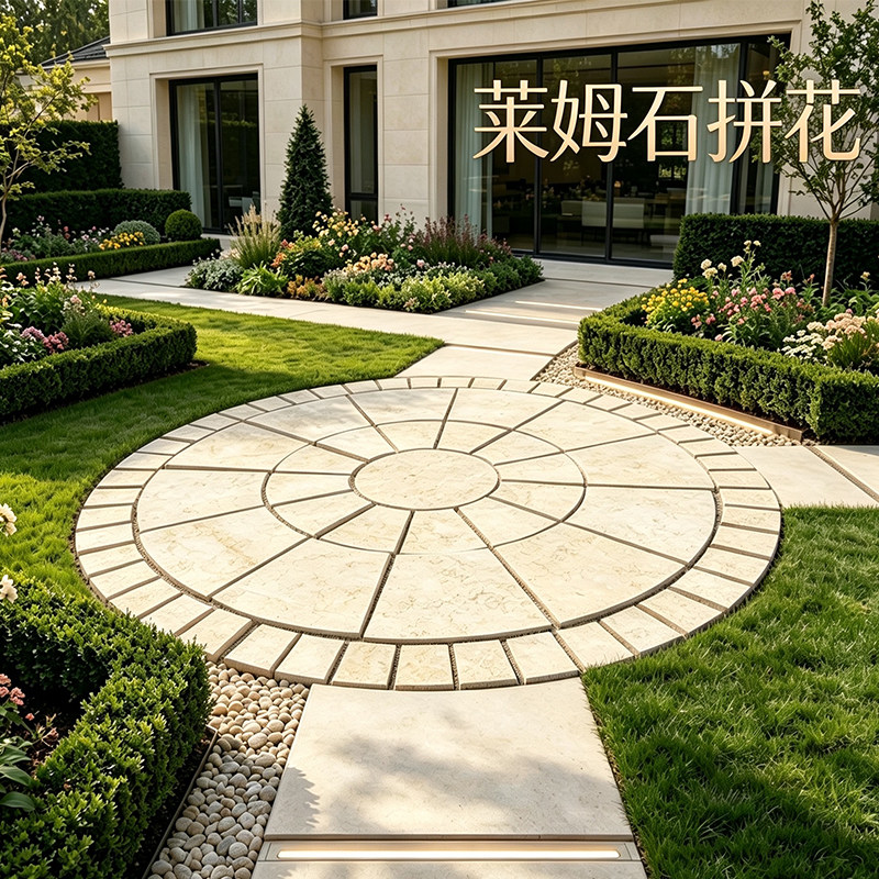 天然莱姆石拼花别墅庭院花园圆形仿古地砖户外防滑石材风水盘