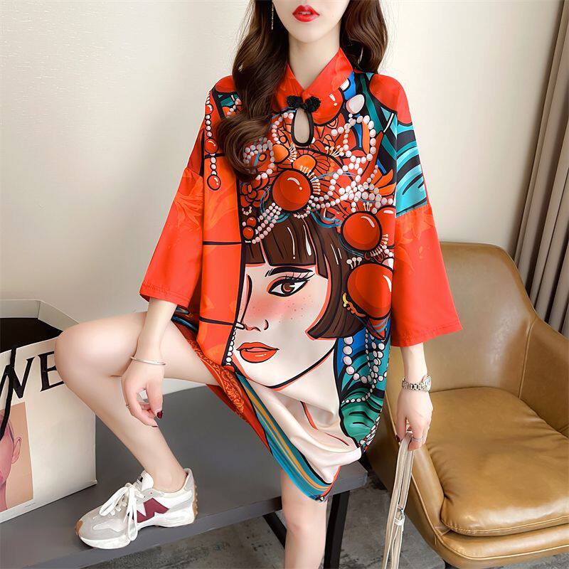 国潮小众设计感汉服改良款旗袍2026短袖夏季宽松半袖T恤连衣裙女