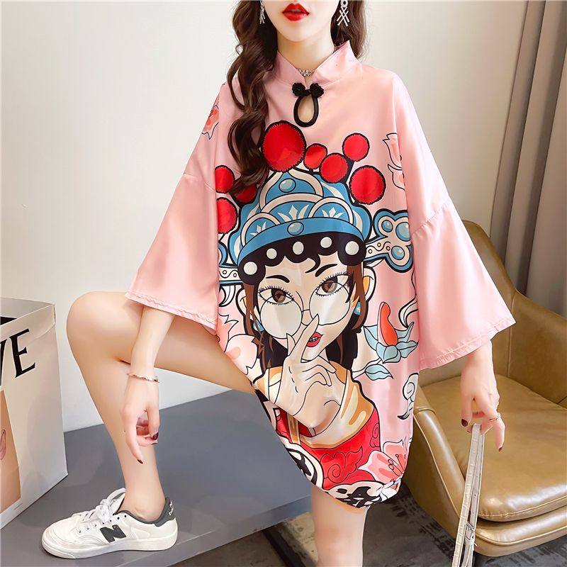 国潮小众设计感汉服新中式改良款旗袍短袖夏季宽松短袖T恤连衣裙