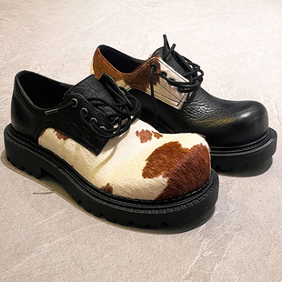 2025新款奶牛纹小皮鞋真马毛德比鞋男女同款鸳鸯歪头米奇厚底皮鞋