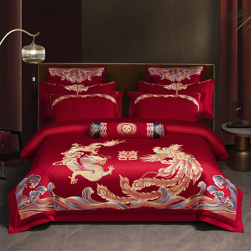 新婚庆四件套大红色全棉刺绣结婚房喜被套六件套纯棉龙凤床上用品