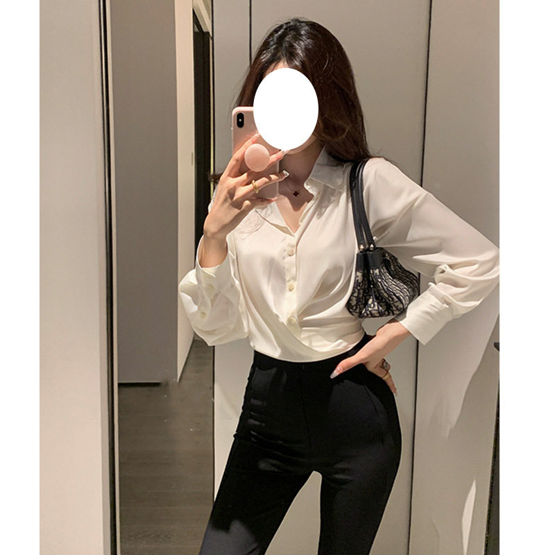 欧美复古休闲轻奢小众高端级设计性感V领气质名媛通勤抽绳衬衫衣