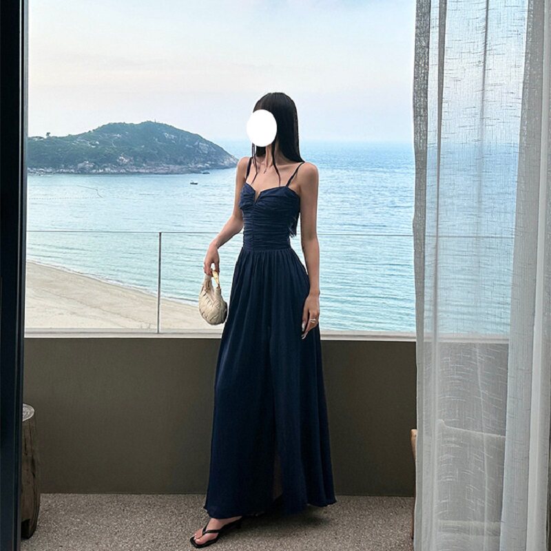 性感V领吊带露肩背藏蓝色晚宴会生日party修身显瘦收腰开叉连衣裙