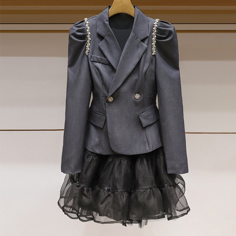 欧美秋冬复古休闲chic西装气质名媛小众设计高级感网纱半身裙外套