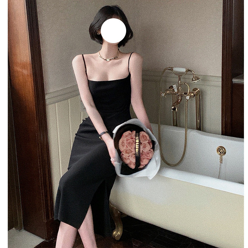 法式性感吊带露肩背黑色礼服女轻奢小众高端级名媛气质收腰连衣裙