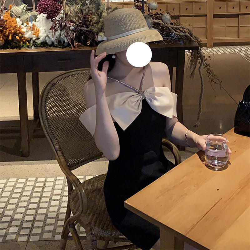 欧美性感挂脖吊带蝴蝶结一字肩抹胸礼服轻奢高端小众级气质连衣裙