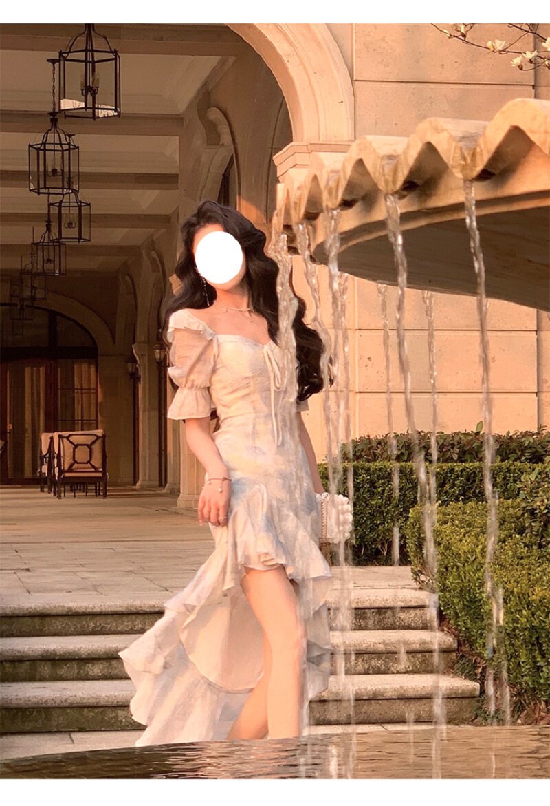 法式性感茶歇碎花礼服女轻奢小众高端级名媛气质不规则鱼尾连衣裙