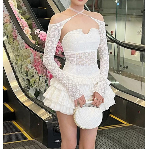 性感抹胸露肩背蕾丝蛋糕礼服白色晚宴生日party修身蓬蓬A字连衣裙