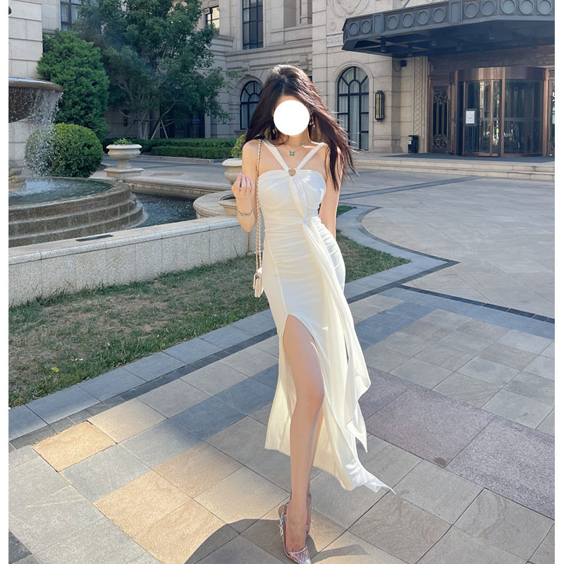 欧美性感吊带抹胸白色礼服女轻奢小众高端级气质名媛party连衣裙