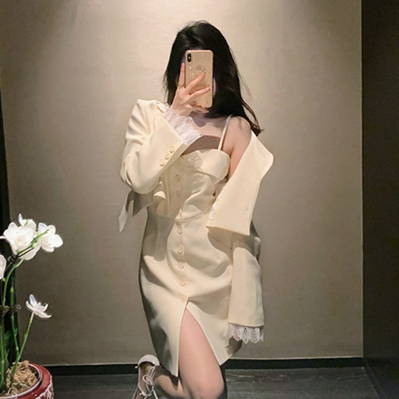 欧美秋冬复古休闲炸街chic西装气质名媛小众设计高级感连衣裙外套