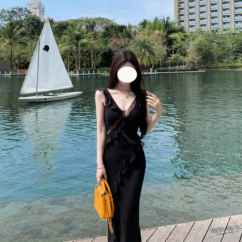 性感深V领荷叶边雪纺蕾丝礼服轻奢高端小众级晚宴会不规则连衣裙