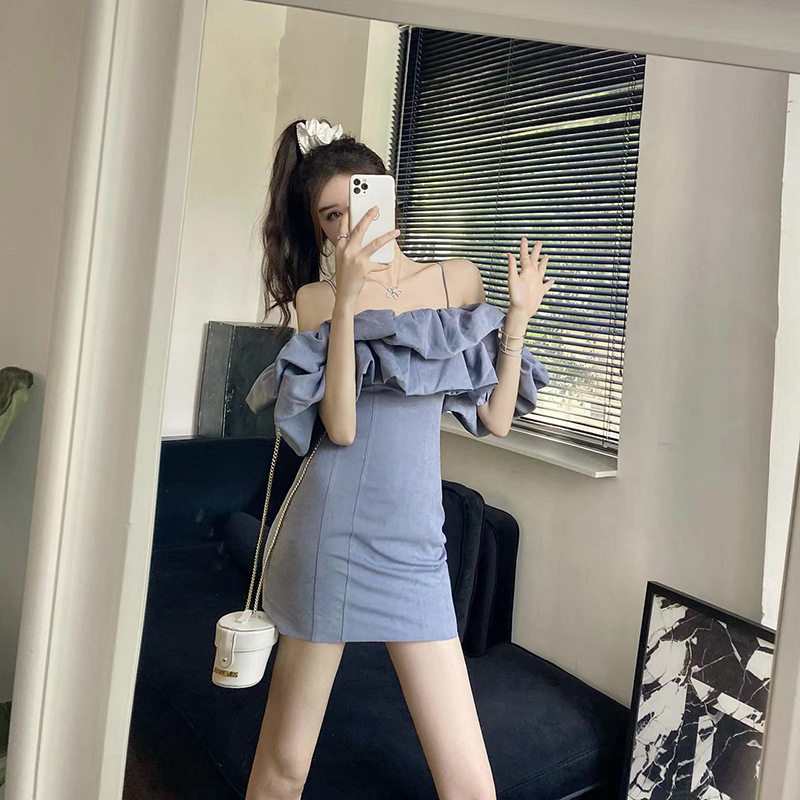 欧美性感吊带一字肩领礼服轻奢小众高端级气质收腰包臀褶皱连衣裙