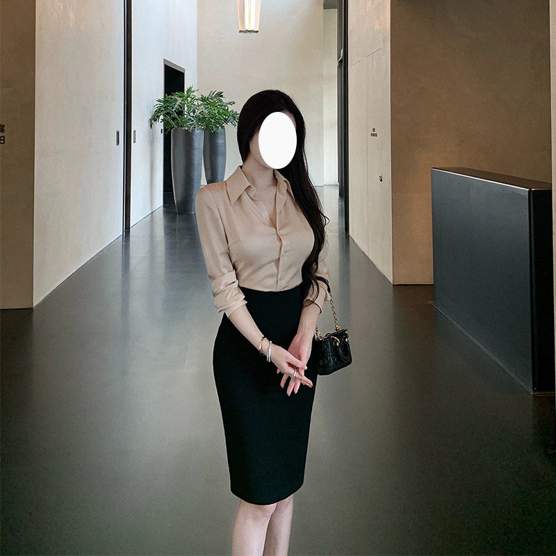 简约纯色通勤衬衫上衣百搭收腰半身包臀裙轻奢高端小众级感两件套