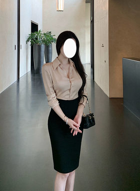 简约纯色通勤衬衫上衣百搭收腰半身包臀裙轻奢高端小众级感两件套