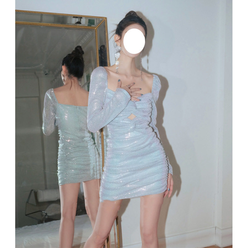 法式性感V领蓝色礼服轻奢小众高端级名媛气质显瘦包臀亮片连衣裙