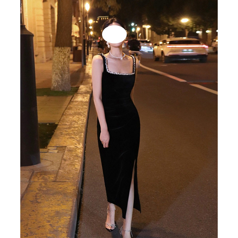法式性感吊带复古方领礼服轻奢小众高端级名媛气质丝绒显瘦连衣裙