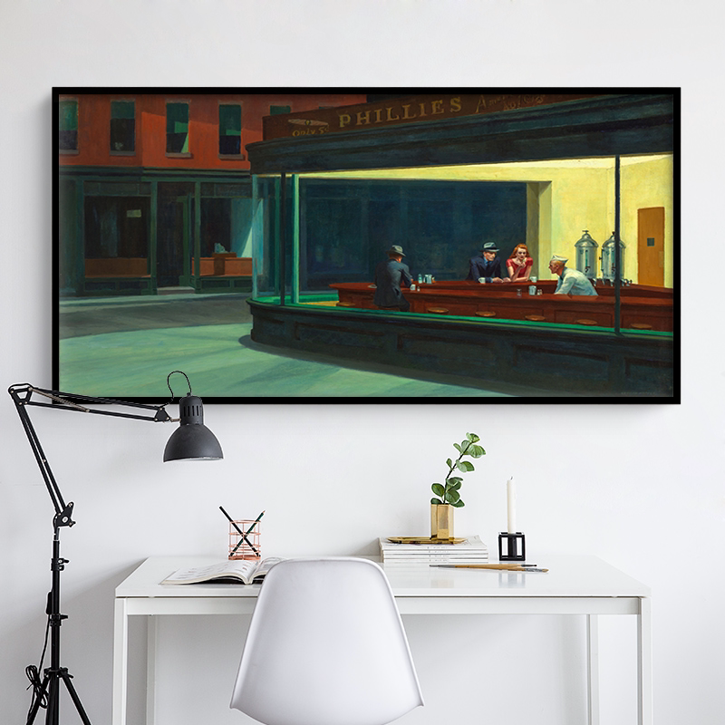 edward hopper名画复制品现代横版装饰画 nighthawks《夜游者》