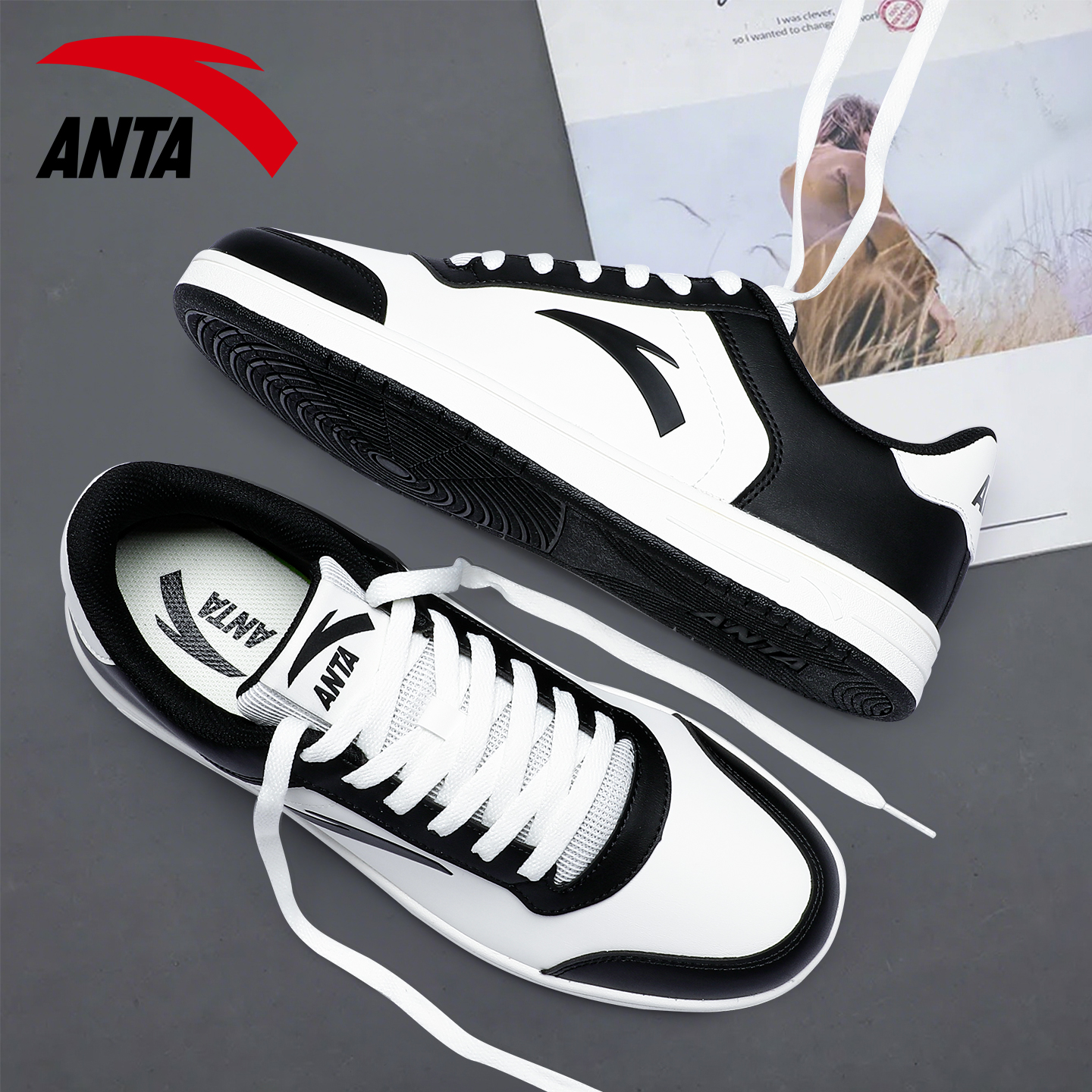 安踏男鞋轻便板鞋经典黑白小白鞋