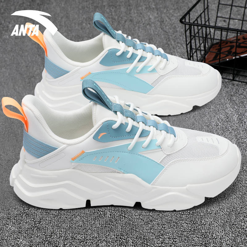 安踏休闲鞋男皮网拼接跑步透气