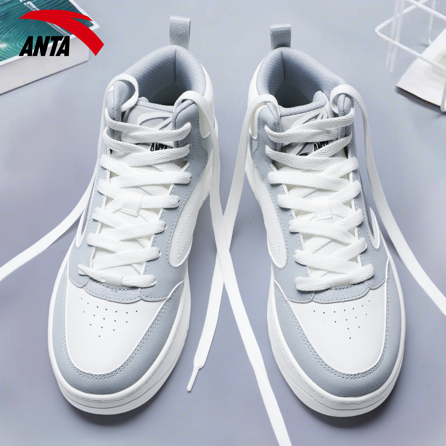 安踏高帮男鞋板鞋皮面