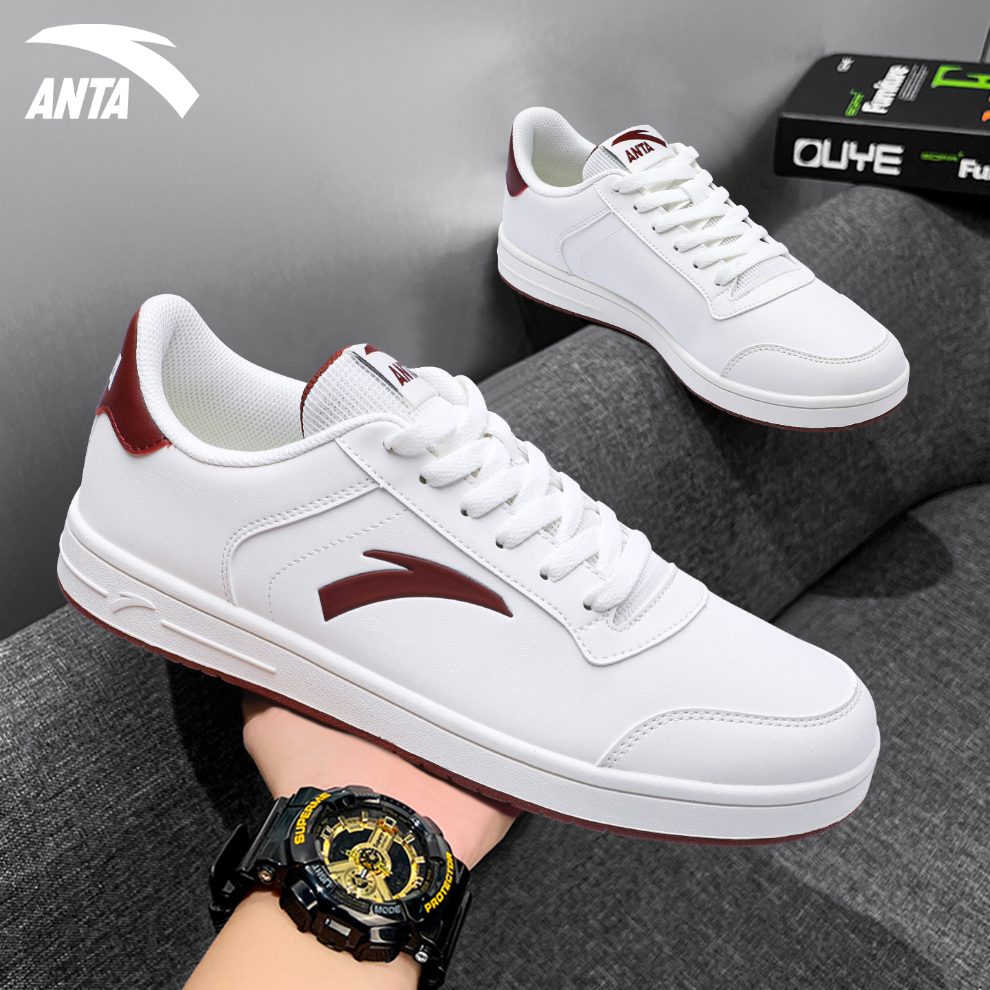 安踏男鞋红色板鞋皮面休闲