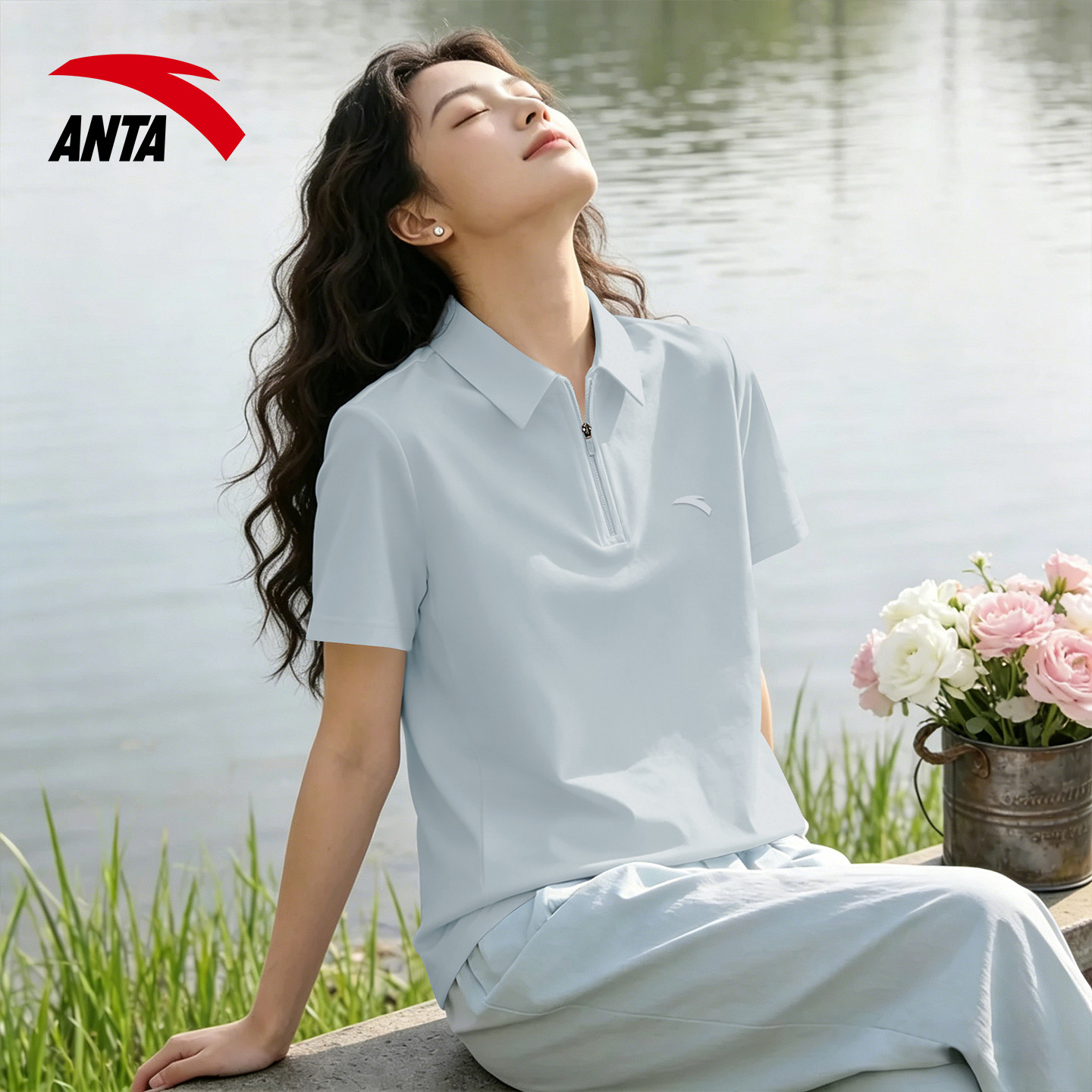 安踏短袖t恤女冰丝半拉链