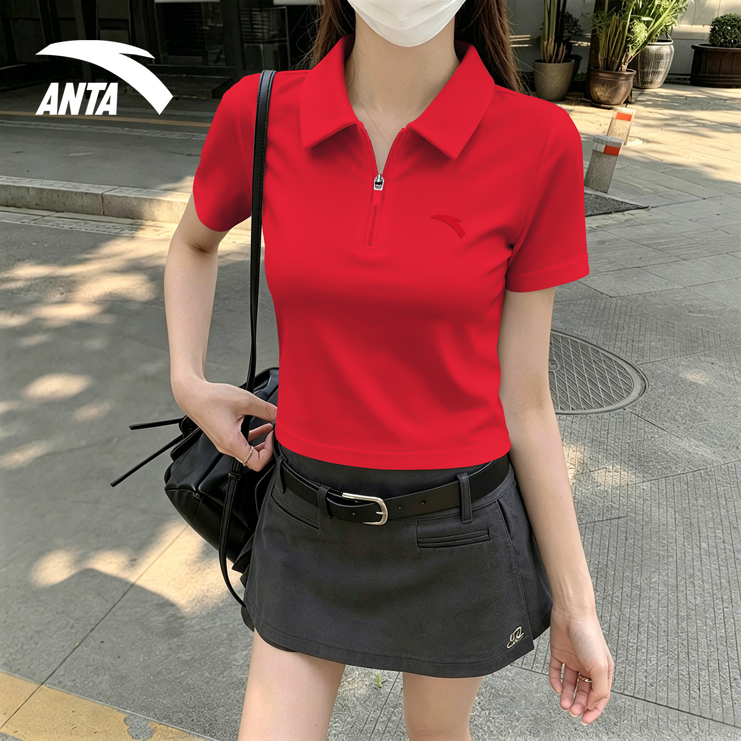 安踏半拉链翻领polo女