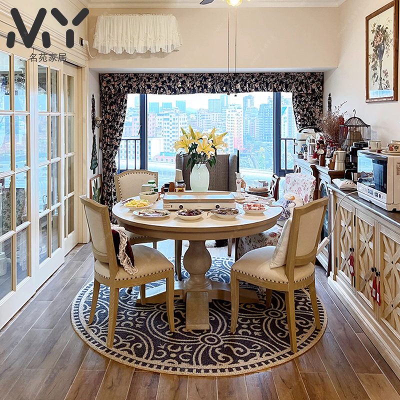 美式乡村实木简约白色餐桌椅组合法式餐厅圆形饭桌小户型高端定制