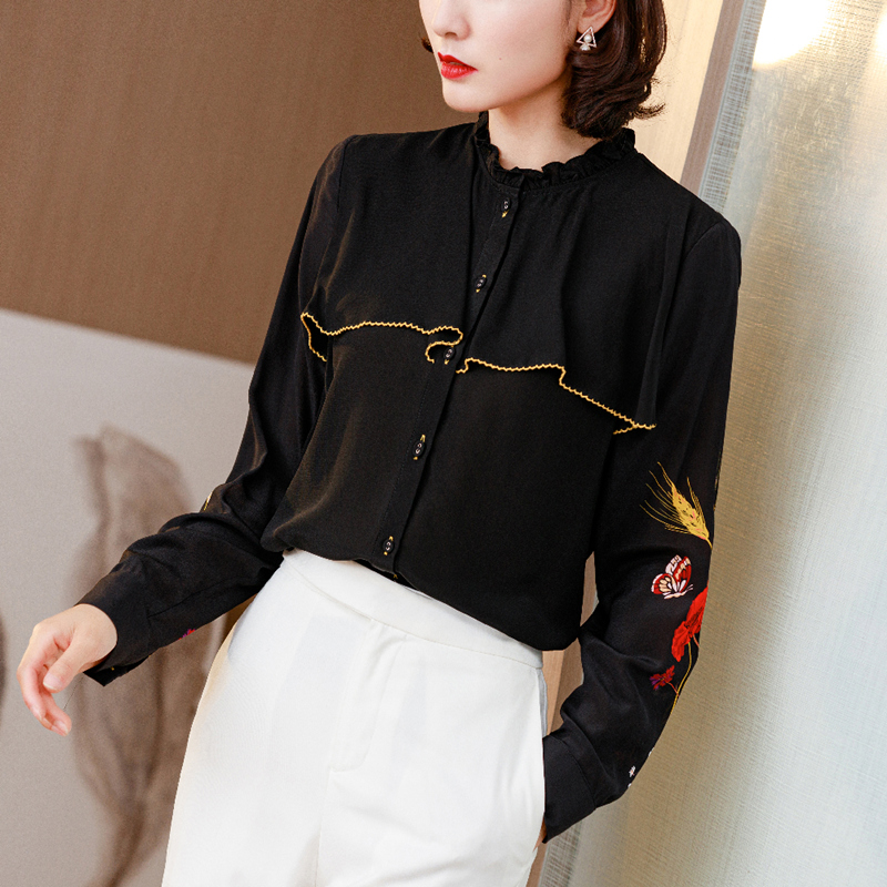 黑色真丝衬衫女长袖2020新款春夏装宽松时尚印花荷叶边桑蚕丝上衣|ruв категории Женская одежда, рубашка - от Buy2taobao.com для оказания профессиональной услуги покупки агента Taobao