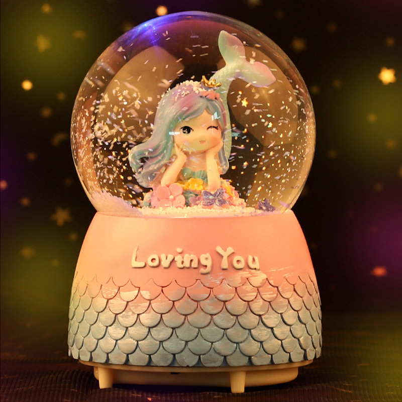 美人鱼水晶球雪花发光旋转音乐盒
