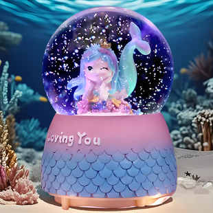 水晶球女孩美人鱼公主音乐盒八音盒旋转雪花儿童生日礼物创意摆件