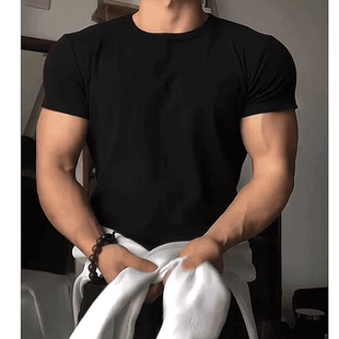 落肩凉感薄款 美式 健身衣大码 口肌肉冰丝运动弹力速干T恤男士 收袖