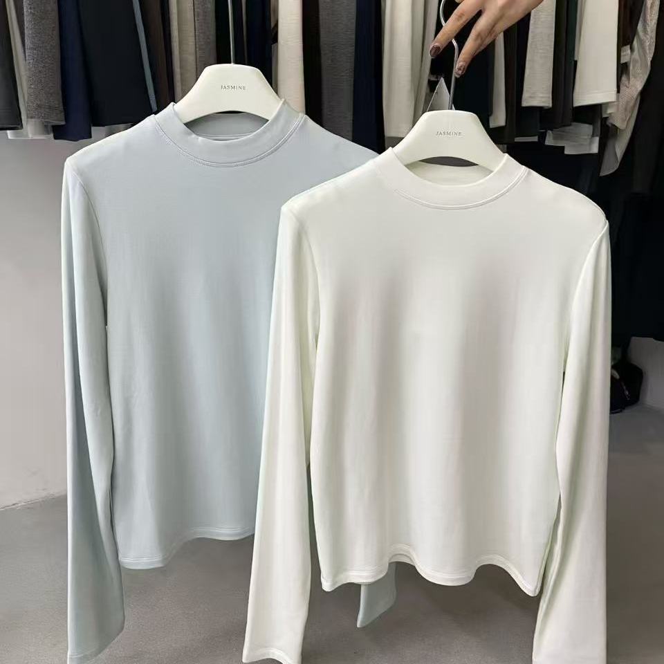 JASMINE2025冬季新款简约小立领纯色百搭磨毛加厚T恤女打底衫3148