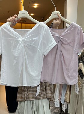 想象10871纽结设计感衬衫女麻料短袖上衣