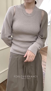 FN爱与南希小众设计感上衣女2023年春季露肩修身型假两件毛衣1269